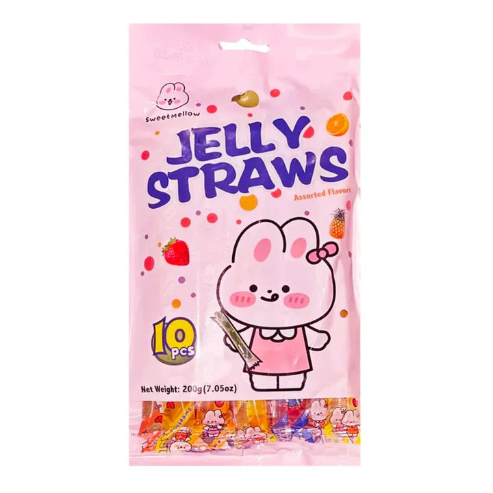 Sachet Jelly Straws Sweet Mellow contenant 10 bâtonnets de gelée aux fruits avec packaging rose kawaii.