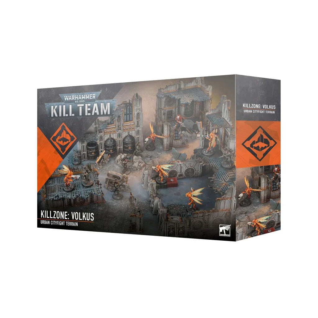 Boîte Killzone: Volkus pour Kill Team avec décors urbains en ruines et tapis de jeu