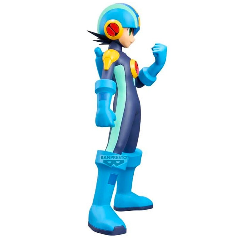 Figurine Mega Man Grandista Rockman.EXE par Banpresto, représentant Rockman.EXE en armure bleue et jaune avec casque futuriste et posture déterminée.