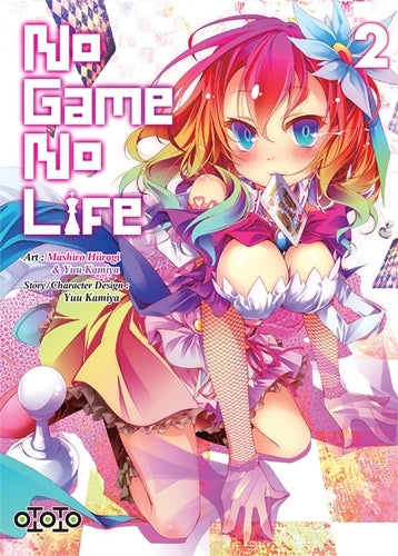 manga No Game No Life Tome 2 montrant Shiro en tenue colorée et futuriste, aux cheveux multicolores, tenant des cartes à jouer.