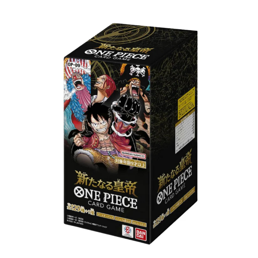 Display japonais One Piece Card Game OP-09 avec Luffy, Shanks et Barbe Noire sur fond noir et doré.