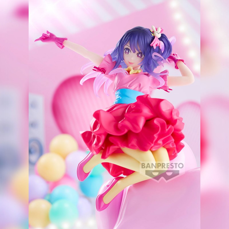 Figurine Oshi no Ko ESPRESTO Poppin’ Heart Ai par Banpresto, représentant Ai Hoshino en robe rose dynamique avec cheveux violets, yeux étoilés et décor pop coloré.