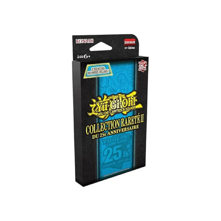 Boîte de 2 boosters Yu-Gi-Oh! Collection Rareté II 25e anniversaire, édition française, avec design bleu métallisé.