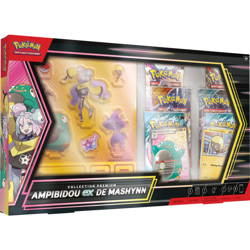 Coffret Pokémon Collection Premium Ampibidou EX de Mashynn avec cartes promo, boosters et set d'acryliques.