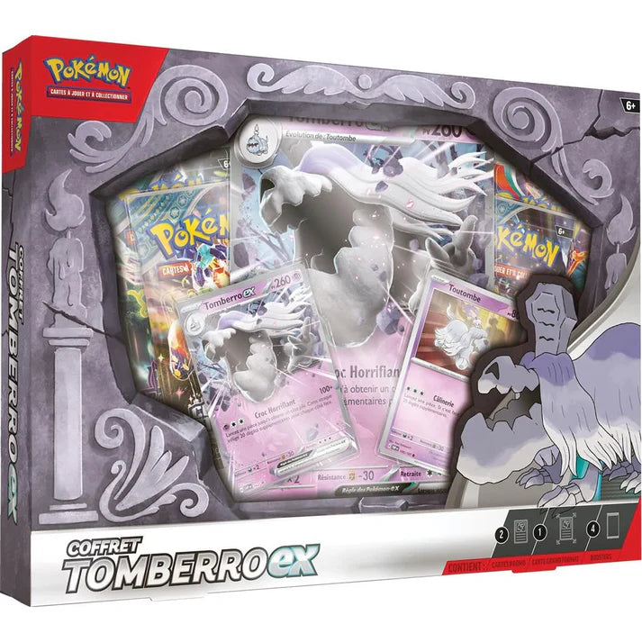 Coffret Pokémon Tomberro ex avec cartes brillantes, boosters et illustration de Tomberro en version géante.