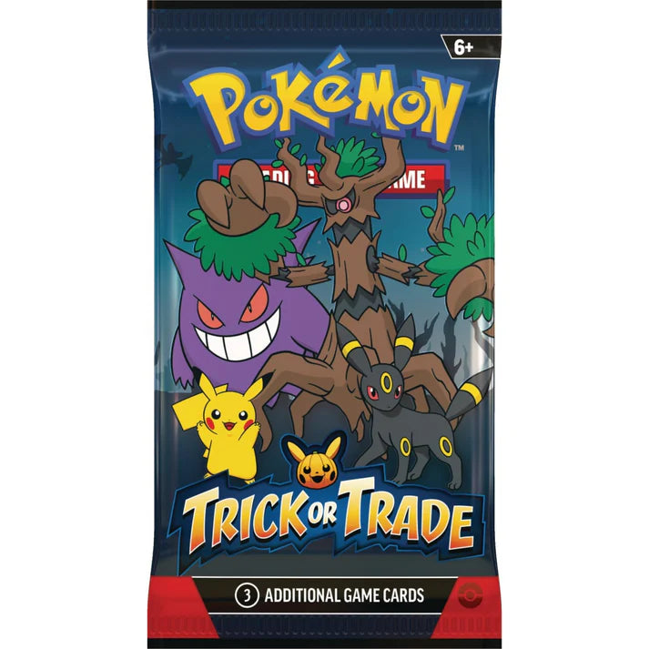 Pack de cartes Pokémon Trick or Trade Halloween avec 35 mini boosters illustrés de Gengar, Pikachu, Umbreon et Trevenant.