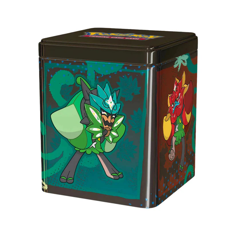 Pokébox Cube Pokémon Série 04 en métal, illustrée avec des Pokémon et contenant 2 boosters et 1 carte brillante.