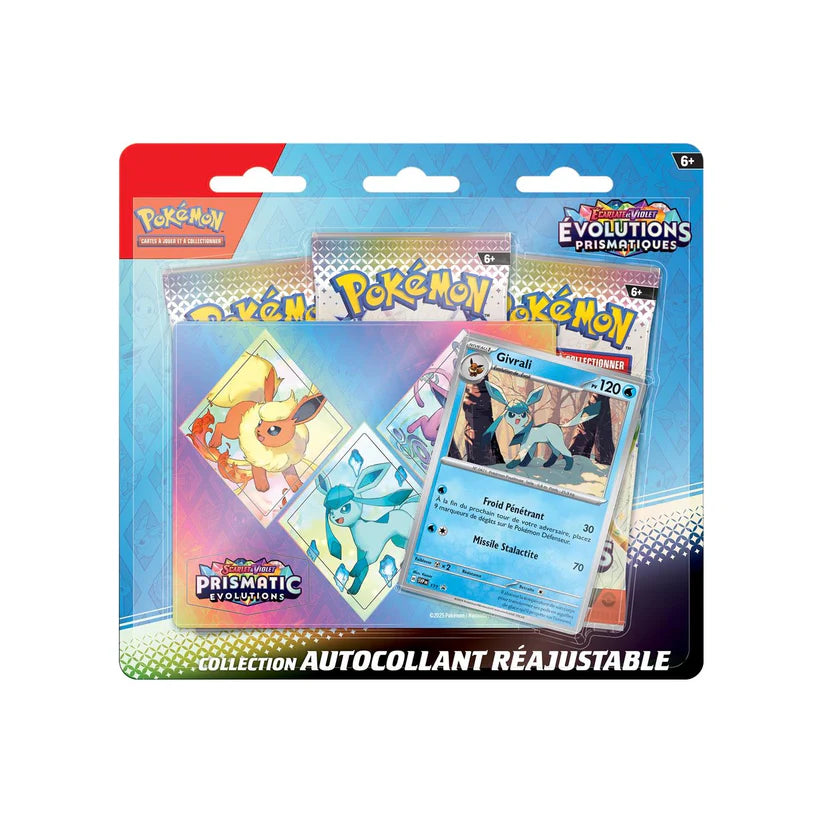 Tripack Pokémon Écarlate & Violet Évolutions Prismatiques Givrali – carte promo + autocollants réajustables.