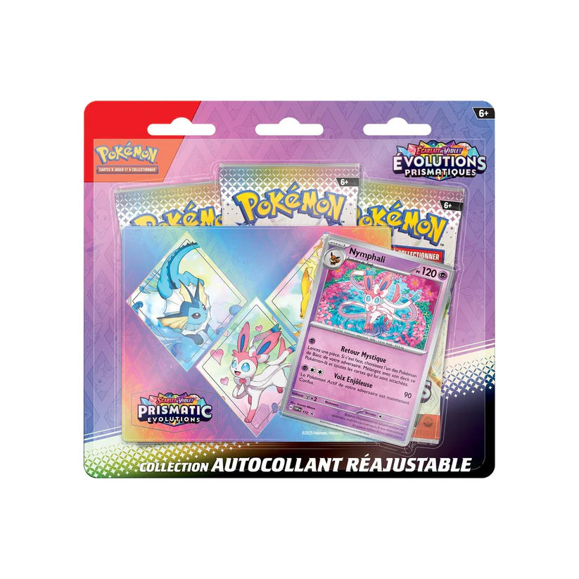 Tripack Pokémon Écarlate & Violet Évolutions Prismatiques Nymphali – carte promo + autocollants réajustables.
