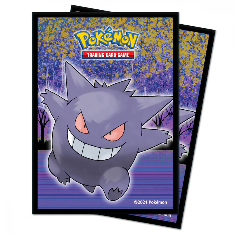 Protèges-cartes Pokémon Ectoplasma – 65 sleeves Ultra Pro sur fond violet stylisé.