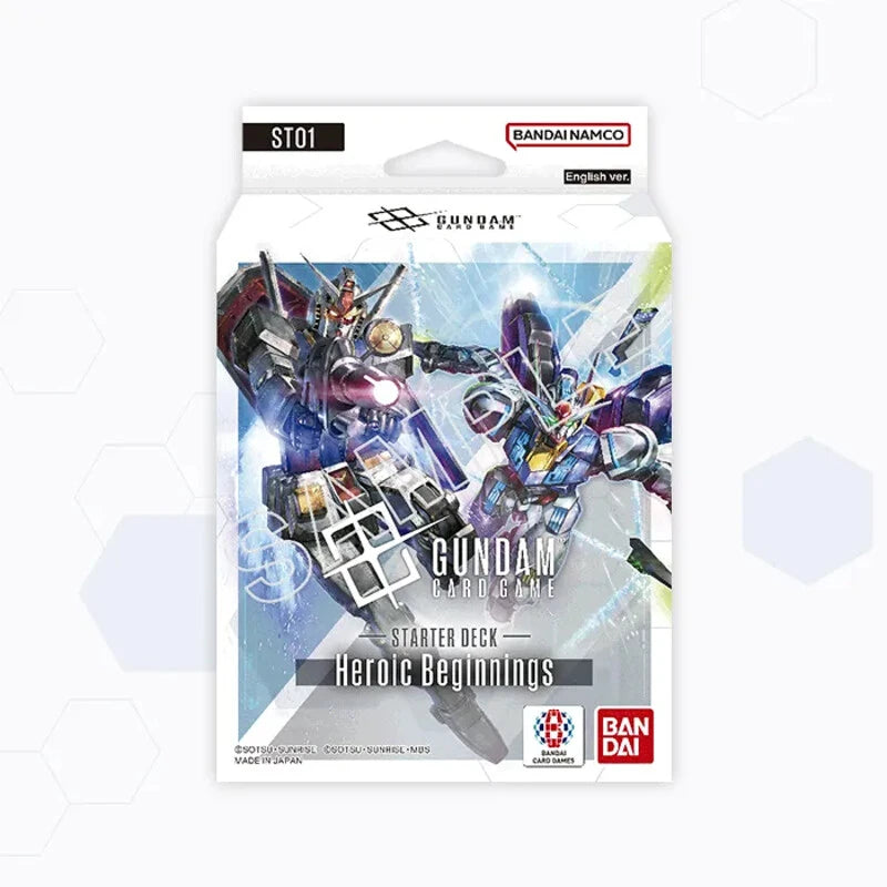 Starter Deck ST01 Heroic Beginnings du Gundam Card Game par Bandai, avec RX-78-2 et Wing Gundam en illustration sur la boîte.