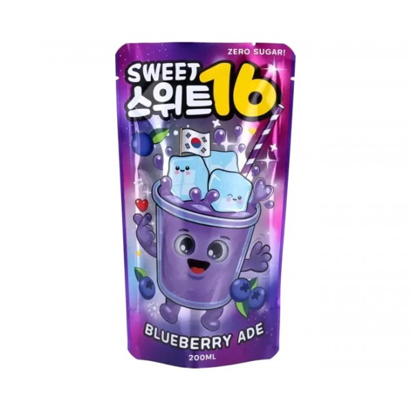 Pochette de boisson Sweet 16 Blueberry Ade 200 ml sans sucre, avec illustration colorée de myrtilles et glaçons.
