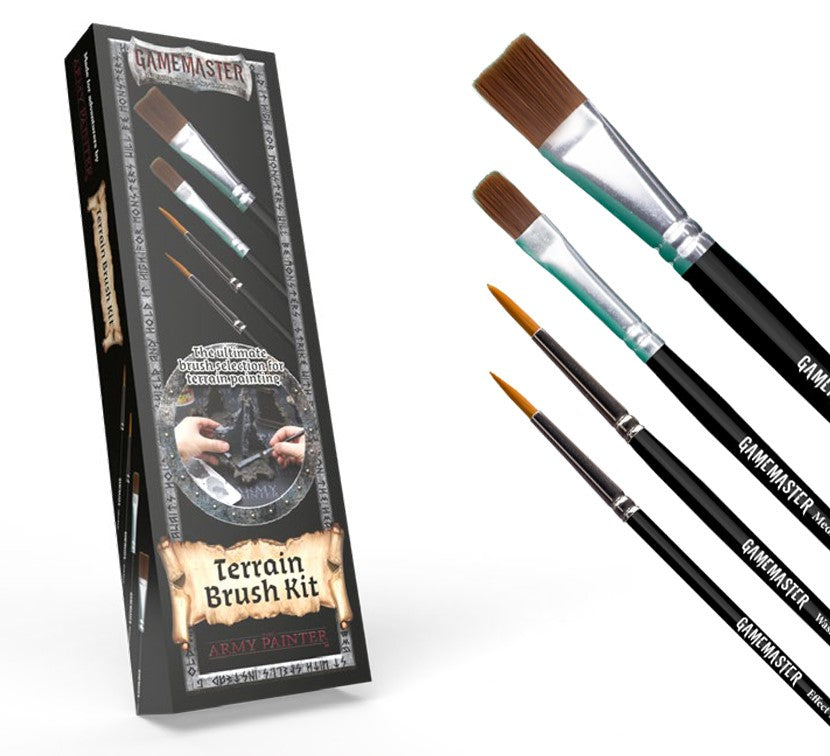 Set de pinceaux Army Painter Gamemaster Terrain Brush Kit, contenant 4 pinceaux pour la peinture de décors et de terrains.