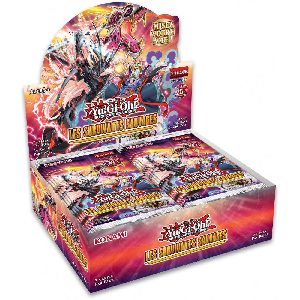 Découvrez le display Yu-Gi-Oh! Les Survivants Sauvages. 24 boosters de 7 cartes, dont 1 carte foil par pack. Complétez vos decks avec cette édition explosive !
