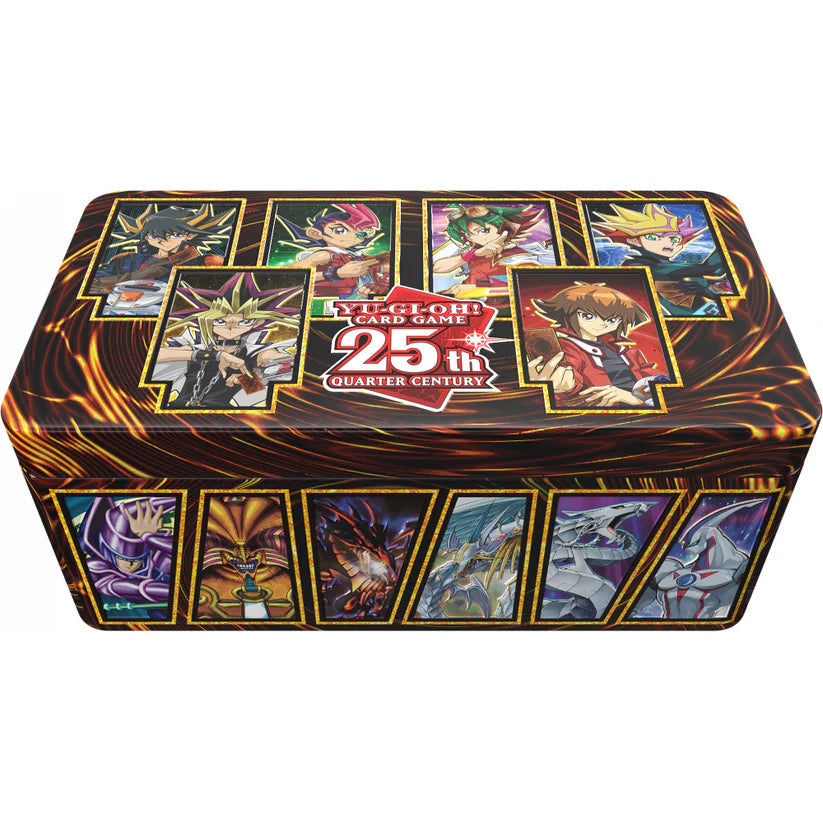 Boîte collector Yu-Gi-Oh! Tin 2023 25e Anniversaire avec illustrations de personnages et monstres iconiques.