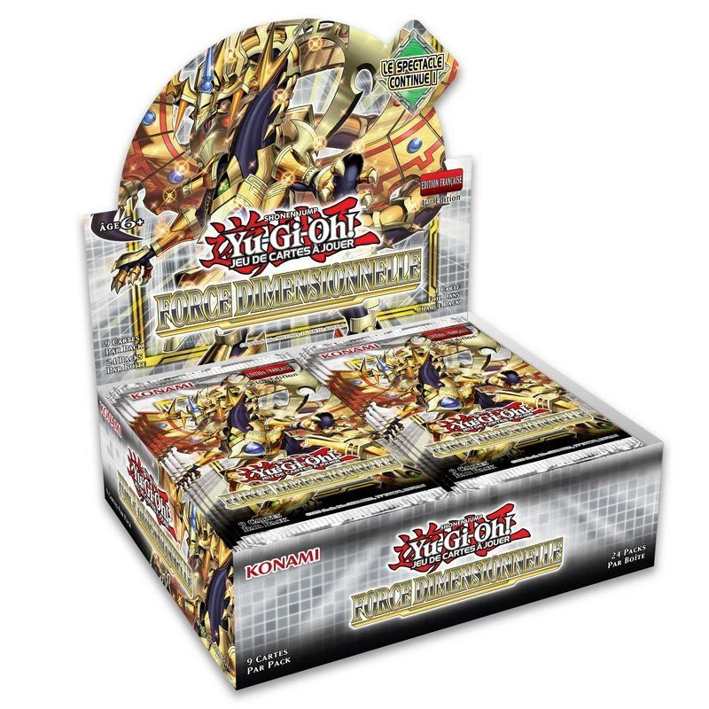 Display Yu-Gi-Oh! Force Dimensionnelle – 24 boosters en français avec visuel de monstres mécaniques dorés.