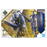 Maquette 30 Minutes Fantasy 30MF Liber Lancer avec armure bleu sombre, grande lance et bouclier sur fond blanc.