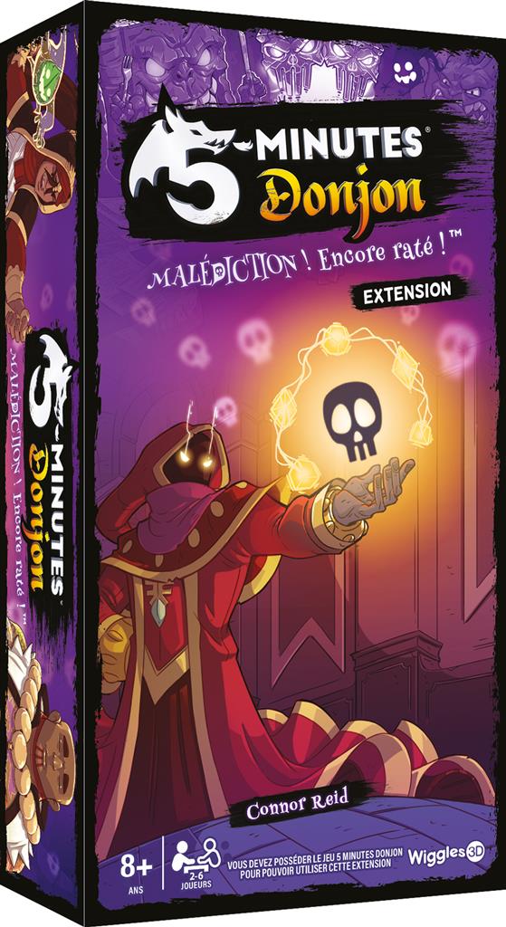 Boîte de l’extension 5 Minutes Donjon Malédiction ! Encore raté ! avec mage rouge lançant un sort lumineux dans un décor violet.
