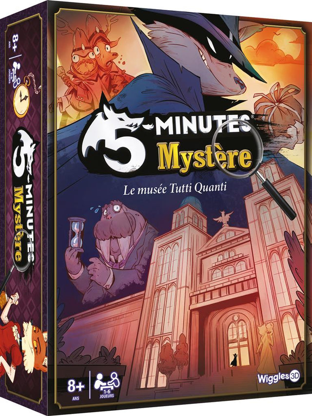 Boîte du jeu 5 Minutes Mystère Le musée Tutti Quanti avec animaux enquêteurs, musée et loupe dans une ambiance mystérieuse.