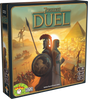 Boîte du jeu 7 Wonders Duel avec guerrier grec, personnage égyptien, pyramides et cité antique au coucher du soleil.
