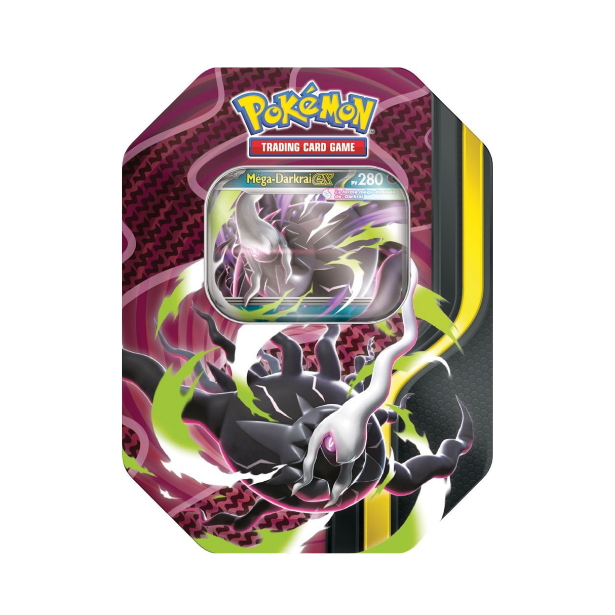 Pokébox Pokémon Q3 2026 modèle aléatoire avec carte brillante Méga-Darkrai-ex et 4 boosters, dont 2 ME04 et 2 ME05.
