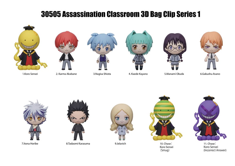 Visuel Assassination Classroom Figural Bag Clip Series 1 avec Koro-sensei, Nagisa, Karma et plusieurs personnages chibi.