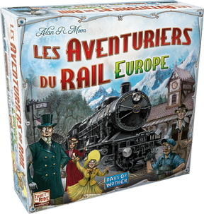 Boîte du jeu Les Aventuriers du Rail Europe avec locomotive noire, gare de montagne et personnages en tenue rétro.