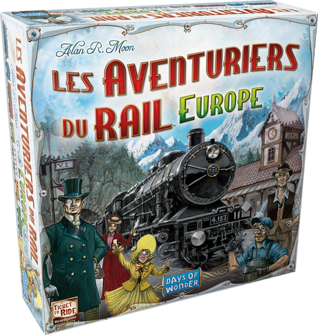 Boîte du jeu Les Aventuriers du Rail Europe avec locomotive noire, gare de montagne et personnages en tenue rétro.