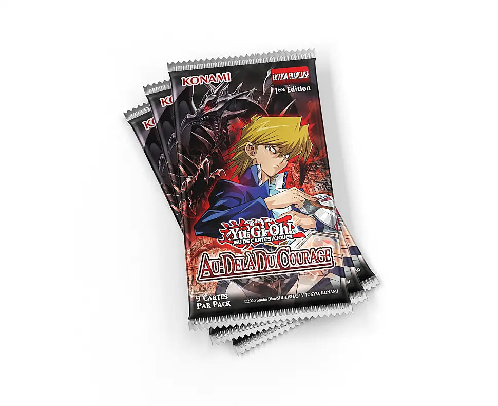 Display Yu-Gi-Oh! Au-Delà du Courage en français contenant 24 boosters de 9 cartes, avec Joey Wheeler et le Dragon Noir aux Yeux Rouges.