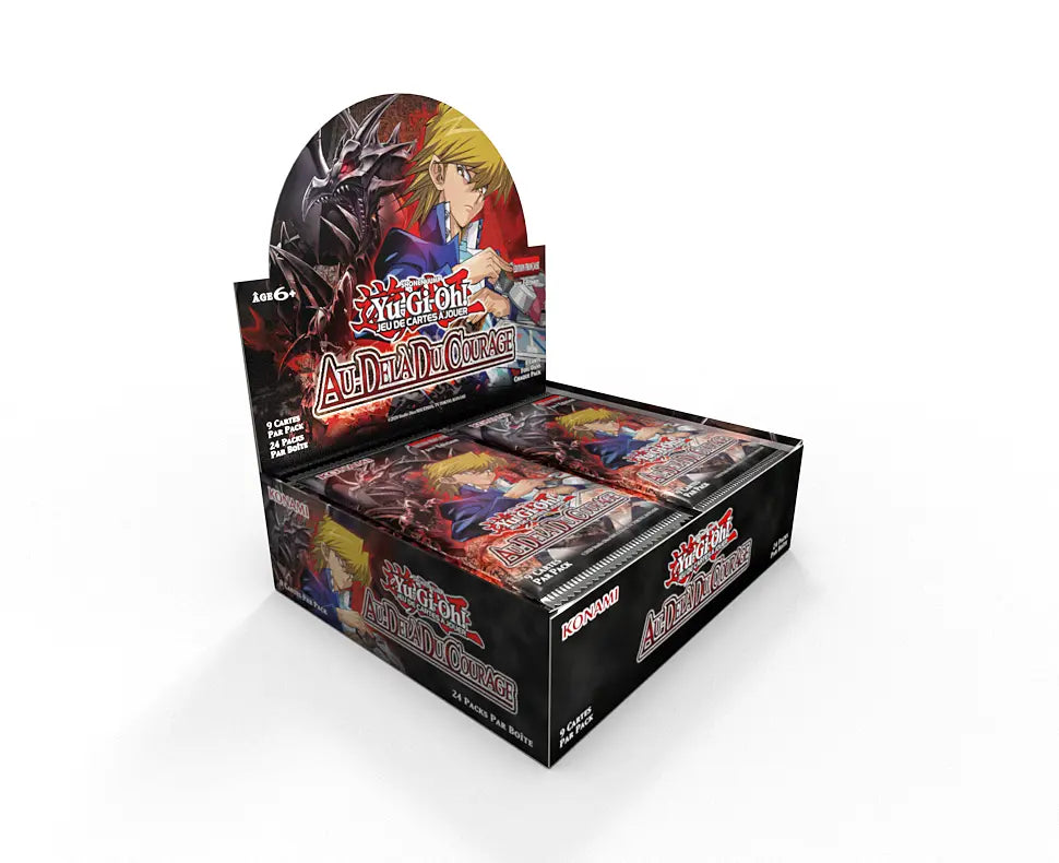 Display Yu-Gi-Oh! Au-Delà du Courage en français contenant 24 boosters de 9 cartes, avec Joey Wheeler et le Dragon Noir aux Yeux Rouges.