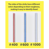 Set de 10 bâtonnets abrasifs Mini Sanding Stick Bandai Spirits pour Gunpla et maquettes, avec surfaces grises et bordures rouges, bleues et grises sur fond blanc.