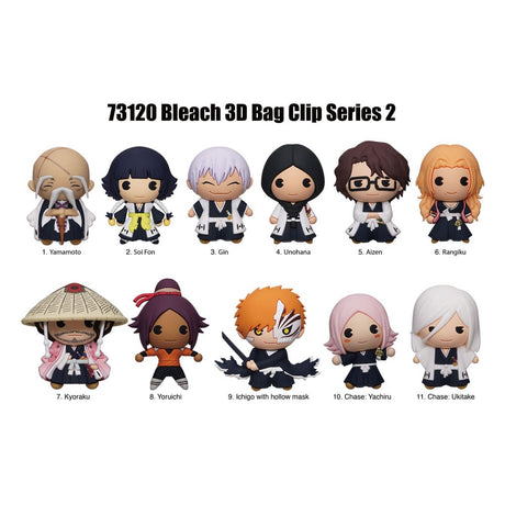 Visuel Bleach Figural Bag Clip Series 2 avec plusieurs personnages chibi de Bleach, vendu en sachet mystère avec un modèle aléatoire.