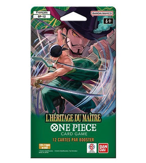 booster OP-12 L’Héritage du Maître du One Piece Card Game, illustré avec Zoro en action et Mihawk en arrière-plan.