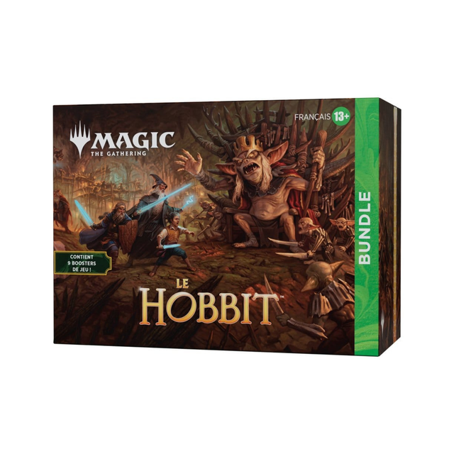 Bundle Magic: The Gathering Le Hobbit en français contenant 9 boosters de jeu, avec illustration de héros affrontant des gobelins.