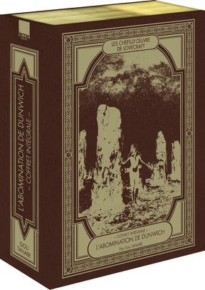 Coffret Les Chefs-d’œuvre de Lovecraft L’Abomination de Dunwich Vol. 1 à 3 par Gou Tanabe, avec illustration sépia et dorée.