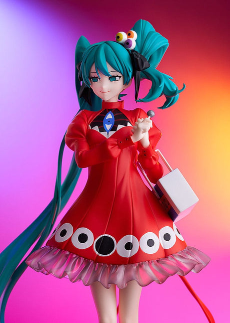 Figurine Hatsune Miku Pop Up Parade Psi Ver. L Size avec robe rouge et longs cheveux turquoise.