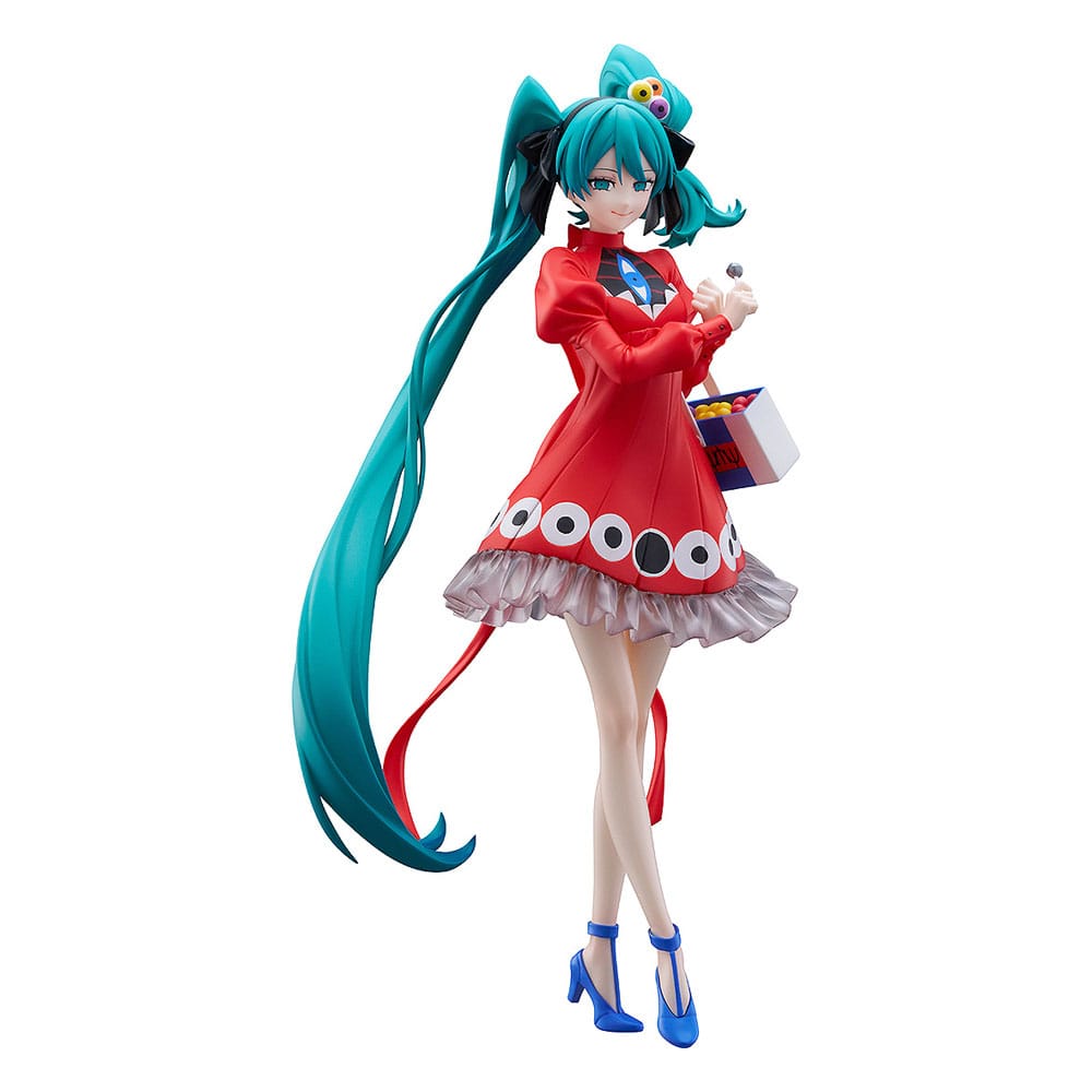Figurine Hatsune Miku Pop Up Parade Psi Ver. L Size avec robe rouge et longs cheveux turquoise.
