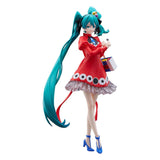 Figurine Hatsune Miku Pop Up Parade Psi Ver. L Size avec robe rouge et longs cheveux turquoise.