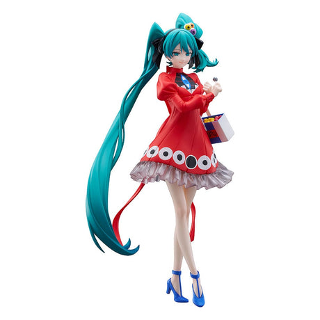 Figurine Hatsune Miku Pop Up Parade Psi Ver. L Size avec robe rouge et longs cheveux turquoise.