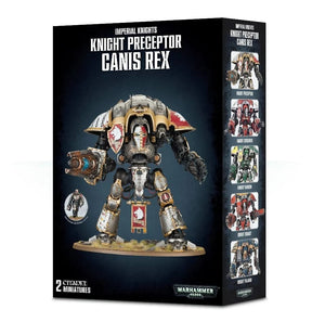 Boîte du Knight Preceptor Canis Rex pour Warhammer 40,000. Ce kit permet de monter un Imperial Knight personnalisable avec diverses options d’armement, ainsi que la figurine de Sir Hekhtur, son pilote légendaire.