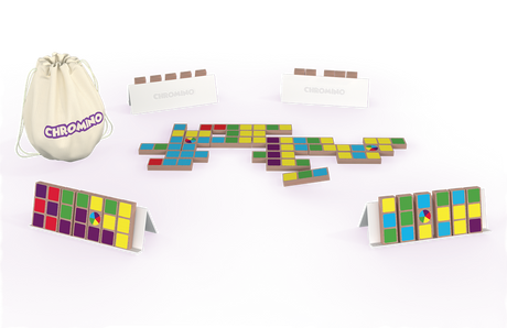 Boîte du jeu Chromino avec tuiles en bois colorées, domininos de couleur et indications 1 à 6 joueurs, dès 6 ans, 30 minutes.