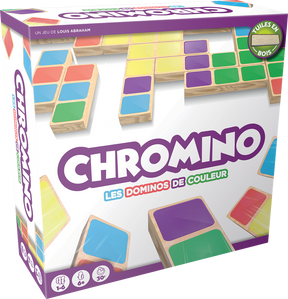 Boîte du jeu Chromino avec tuiles en bois colorées, domininos de couleur et indications 1 à 6 joueurs, dès 6 ans, 30 minutes.