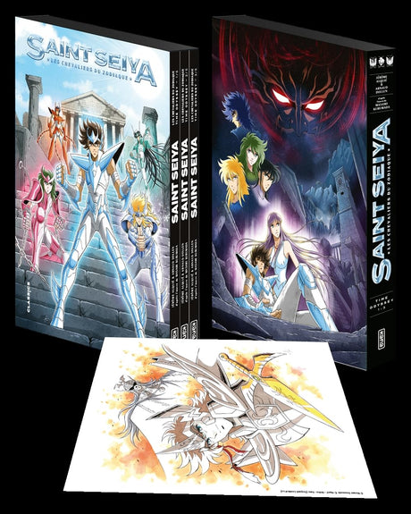 Coffret Saint Seiya Time Odyssey tomes 1 à 3 avec ex-libris illustré.