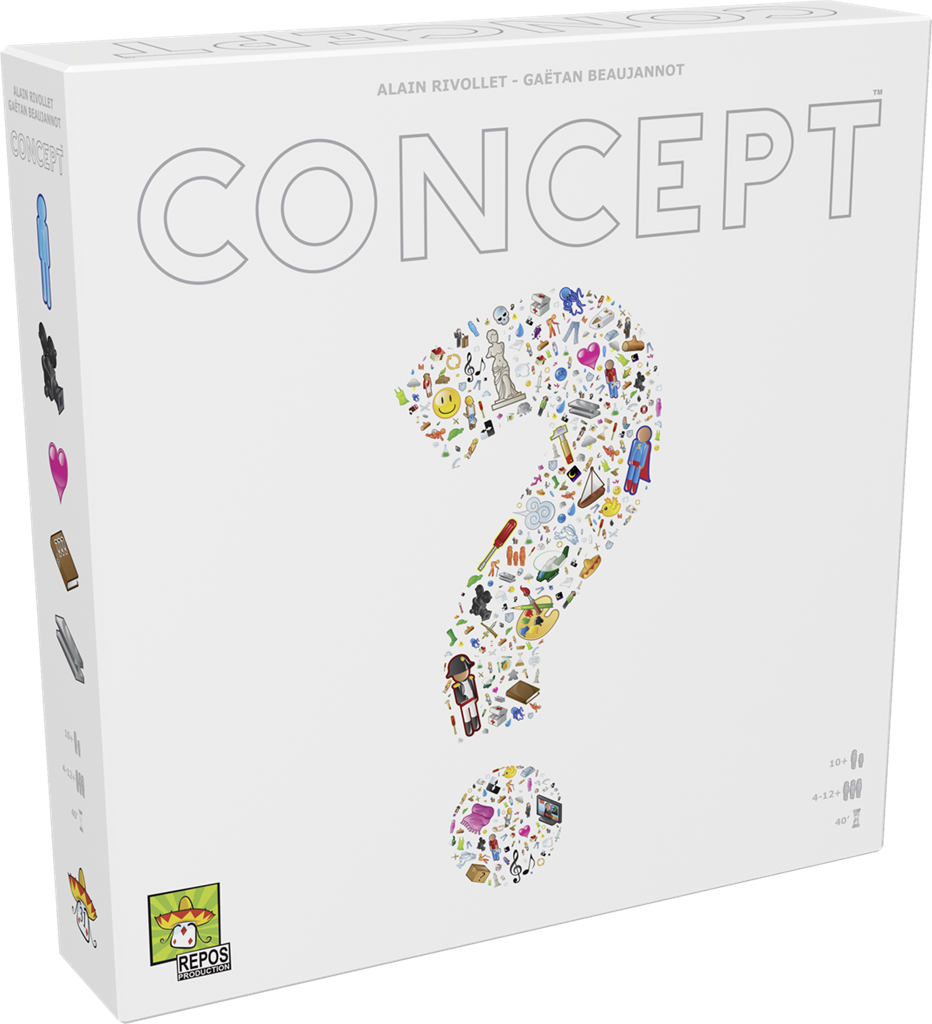 Boîte du jeu Concept blanche avec grand point d’interrogation composé de petites icônes colorées, logo Repos Production en bas.