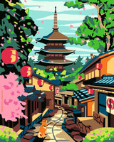 CreArt Ravensburger Adultes Tendance Japan de Batiste Perron, peinture par numéros 24 x 30 cm avec ruelle japonaise, pagode, lanternes rouges et chat.