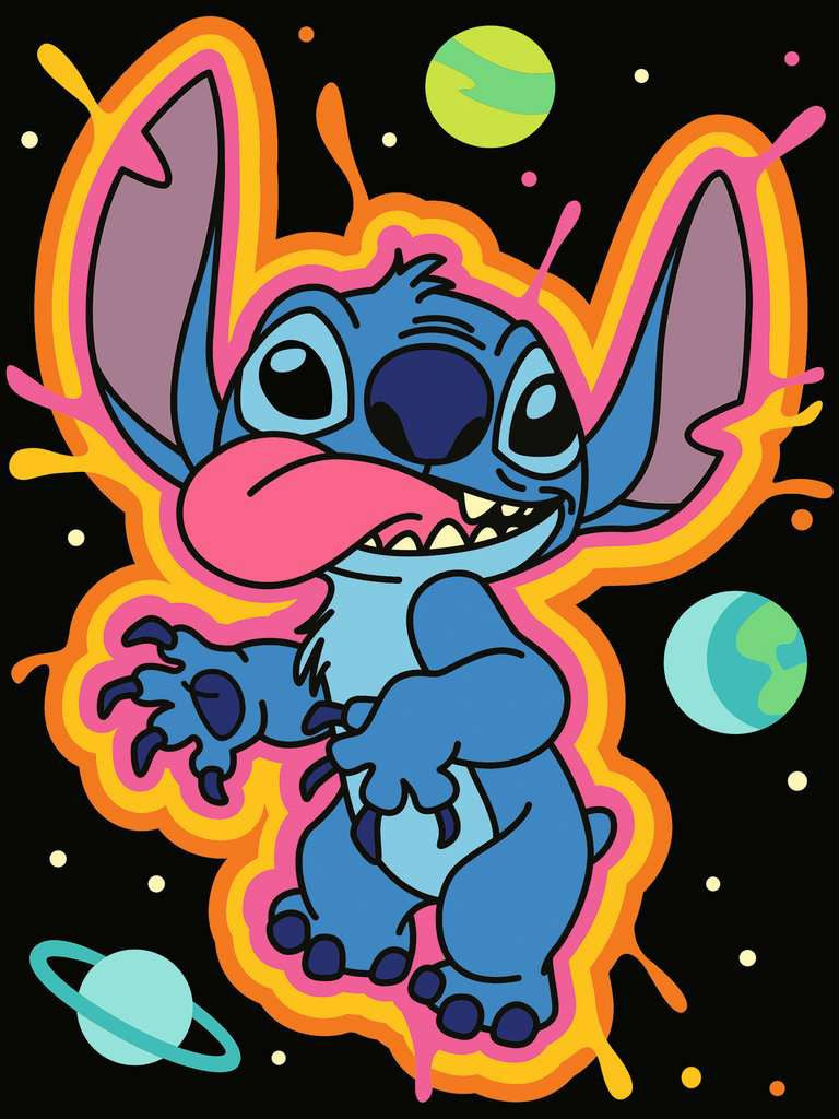 Boîte CreArt Ravensburger Disney Stitch Lost in Space, peinture par numéros 18 x 24 cm avec Stitch sur fond spatial noir et effets néon colorés.