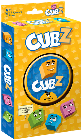 Boîte du jeu de société Cubz par Actarus Éditions, avec personnages en forme de cubes colorés sur fond jaune.
