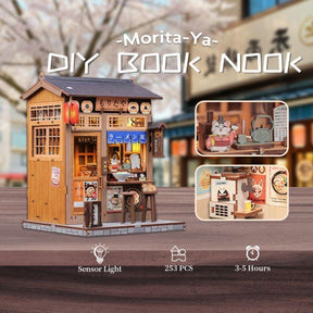 Maquette CuteBee Morita-Ya DIY Book Nook représentant une boutique japonaise de ramen miniature de 253 pièces avec lumière à capteur.