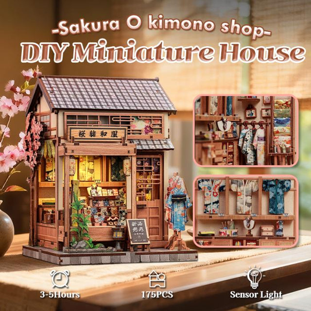 Maquette CuteBee Sakura O Kimono Shop DIY Miniature House représentant une boutique japonaise de kimonos avec 175 pièces et lumière à capteur.