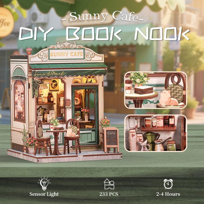 Maquette CuteBee Sunny Cafe DIY Book Nook représentant un café miniature de 233 pièces avec terrasse fleurie et lumière à capteur.